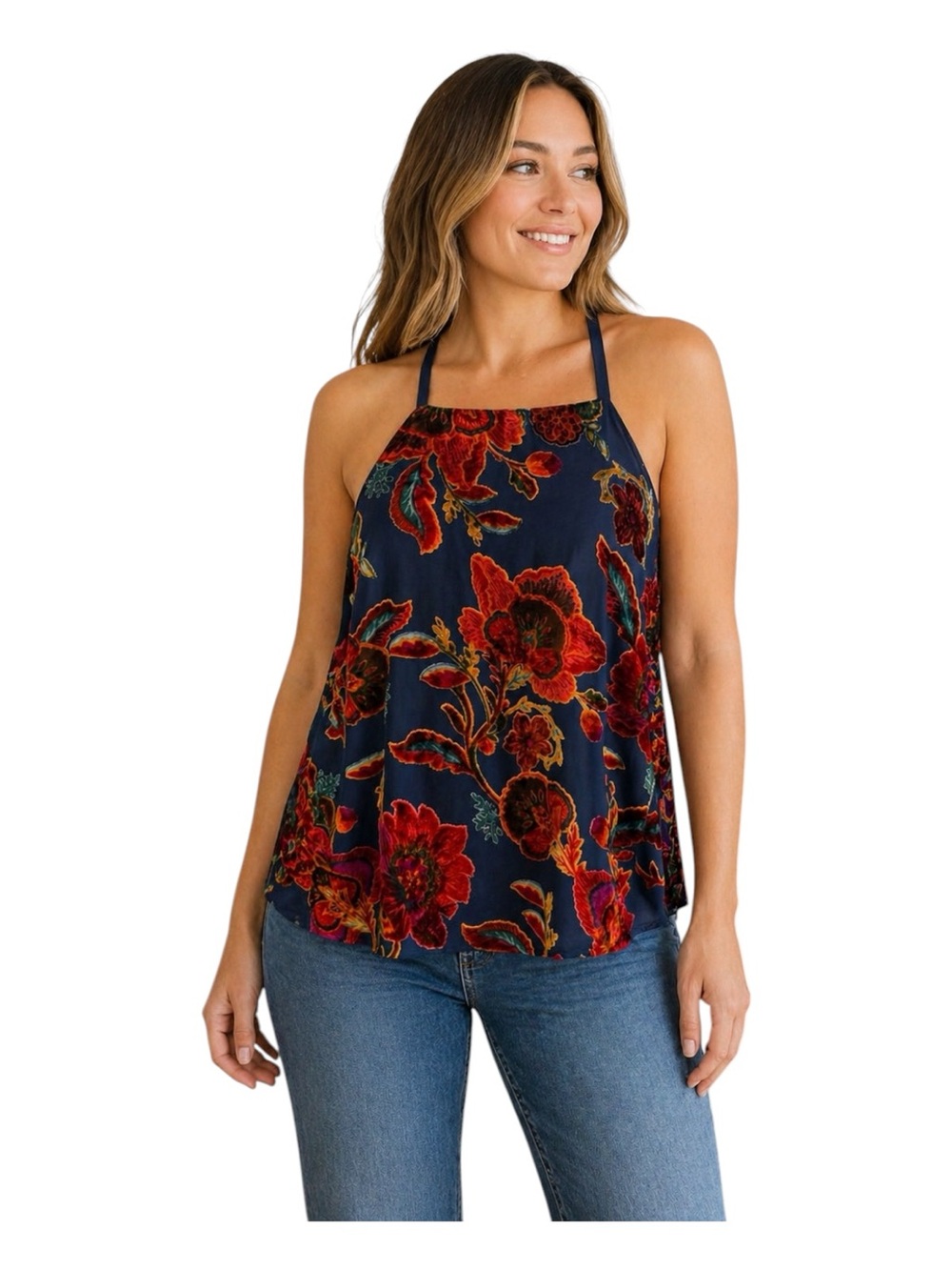 Eyeshadow Velvet Floral Halter Tank Top Boho Burnout Sheer Navy Medium